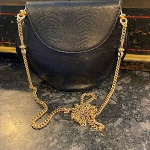 vintage Rodo Italy Black Lizard-Embossed Leather Half-Moon Crossbody Bag